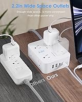 Vista 5 de Regleta de protección contra sobretensiones de 6 pies con USB C, cable de extensión HANYCONY con 8 enchufes (2.2 pulgadas), 4 puertos USB (2 USB C)