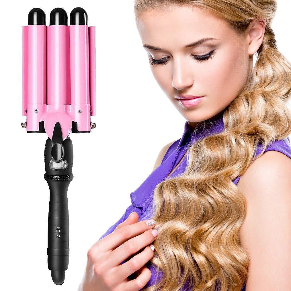 3 Barrel Curling Iron Wand Dual Voltage Hair Crimper with LCD Temp Display,Ceramic Tourmaline Triple Barrels, Temperature Adjustable Portable Hair Waver Heats Up Quickly