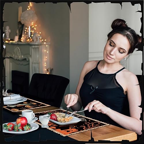 Miniatura 4 de Umigy 6 manteles individuales de Halloween de 12 x 18 pulgadas, manteles individuales góticos de murciélago para decoración de cocina, manteles