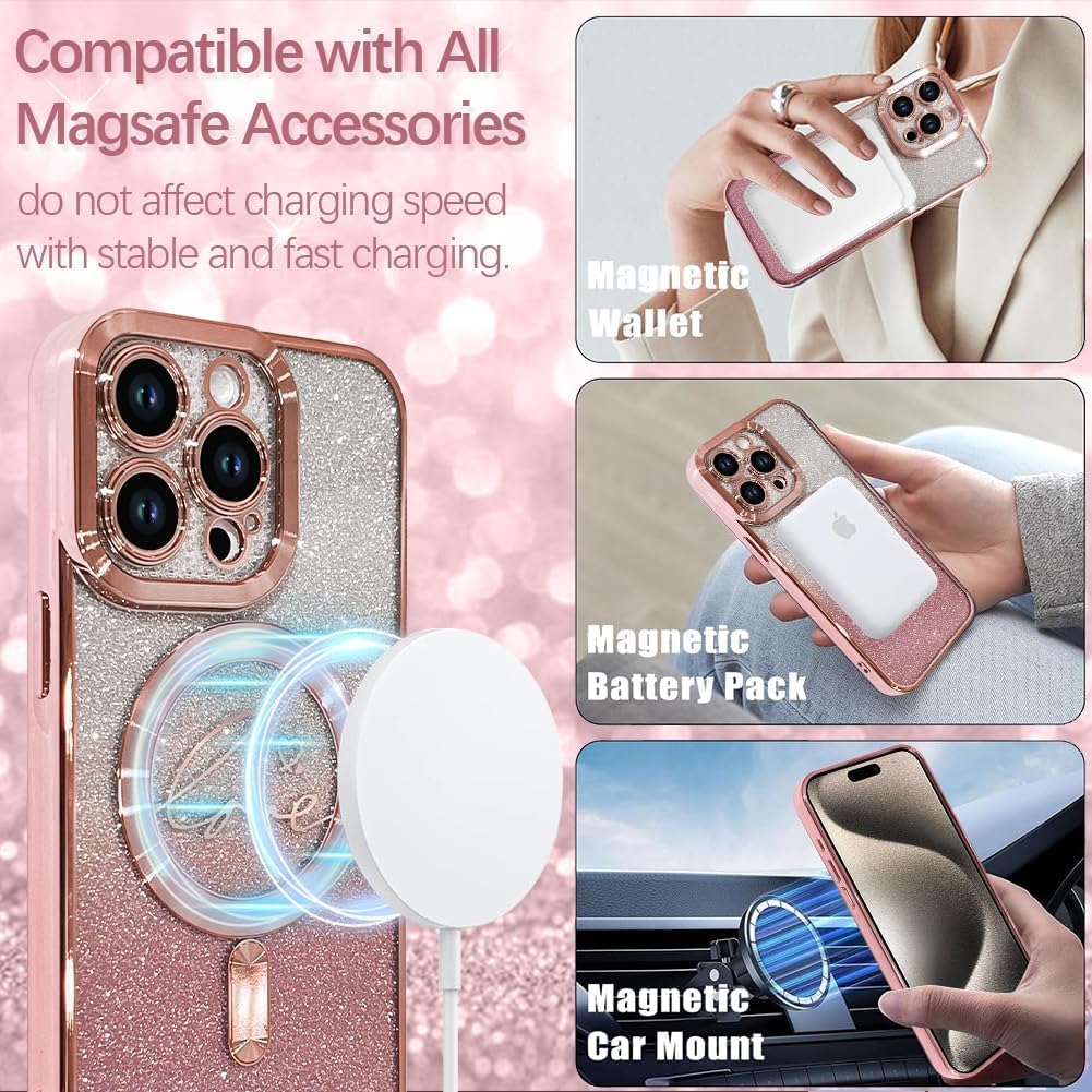 ZIYE Magnetic Case Designed for iPhone 16 Plus Glitter Case Luxury Plating Love Heart Compatible with MagSafe Clear Case with Camera Protector Protection Shockproof Cover for Women Girls-Pink - Image 4