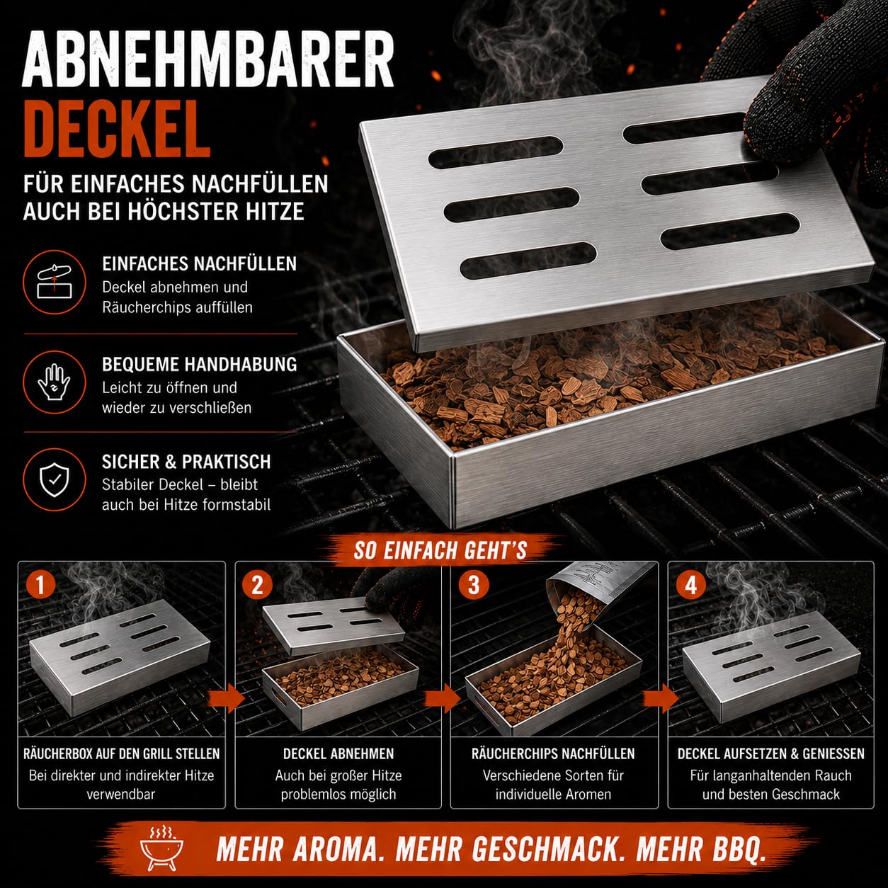 Premium Räucherbox Edelstahl mit Räucherchips Set – Smokerbox für Gasgrill, Holzkohlegrill & Smoker – 4 Holzsorten Buche Apfel Kirsche Whiskey – BBQ Geschenk für Männer (Premium Räucher Set)