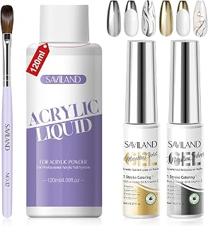 SAVILAND Monomer Acrylic Nail Liquid with Metallic Gel Nail Polish: 4 oz Acrylics Liquid Monomer with #12 Acrylics Nail Brush for Acrylic Powder Application 2PCS Silver & Gold Metallic Gel Nail Polish