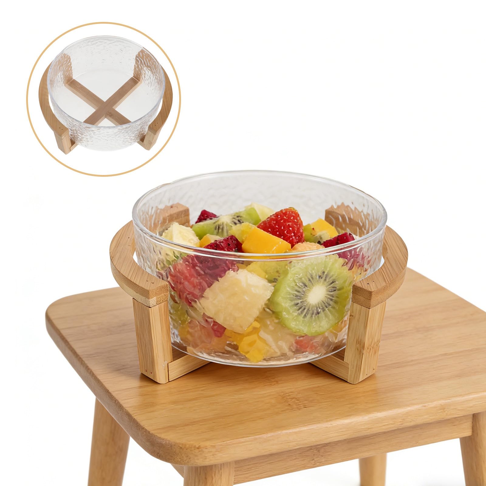 Bol para Ensalada de Vidrio con Soporte de Bambú Seguro, Tamaño 21x17.5x10cm, Diseño Elegante y Versátil para Servir Postres y Fiestas