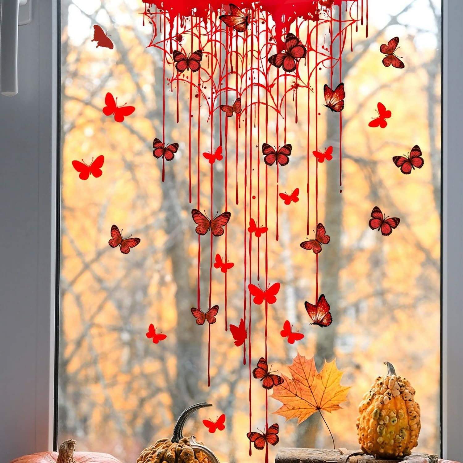 Halloween Blood Butterfly Window Halloween Double-Sided Glass Stickers Decals Spider Web Window Decal for School Classroom Home Office Party Glass Decoration 1 Sheet