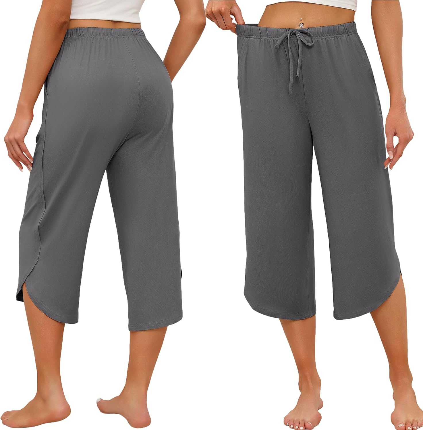 Ekouaer Womens Pajama Pants Capri 2026 Wide Leg Lounge Pj Pants Summer Comfy Drawstring Pajama Bottoms with Pockets - Image 2