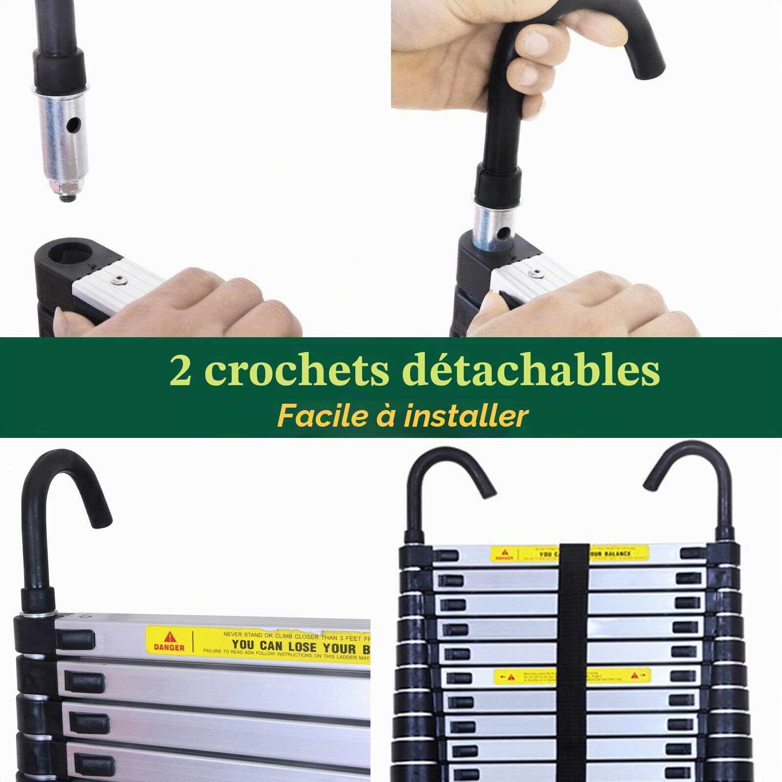 Échelle Télescopique 6m avec Crochets Echelle de Toit, Échelle Extensible en Aluminium, Escabeau Telescopique Échelle Multifonctionnelle Antidérapant pour Maison, Grenier, Jardin, Charge 150kg