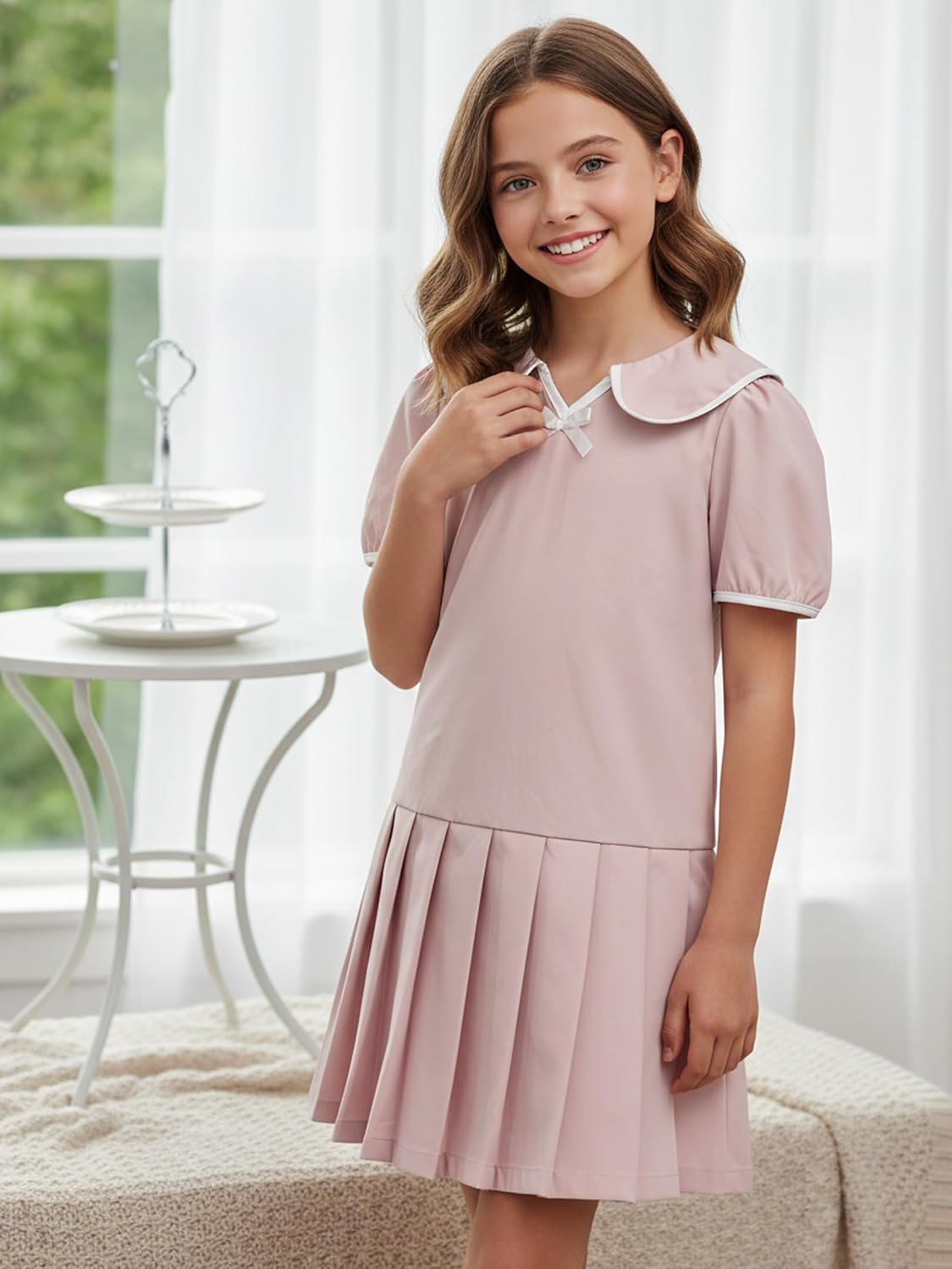 Short Sleeve School Uniform Dress for Girls' Sailor Collar Pleated Dress