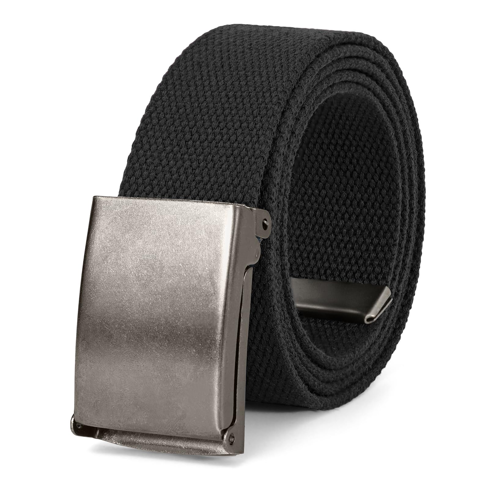 WHIPPYCanvas Web Belt Flip-Top Solid Black Military Buckle Fully Adjustable Mens Webbing Belts Cut To Fit
