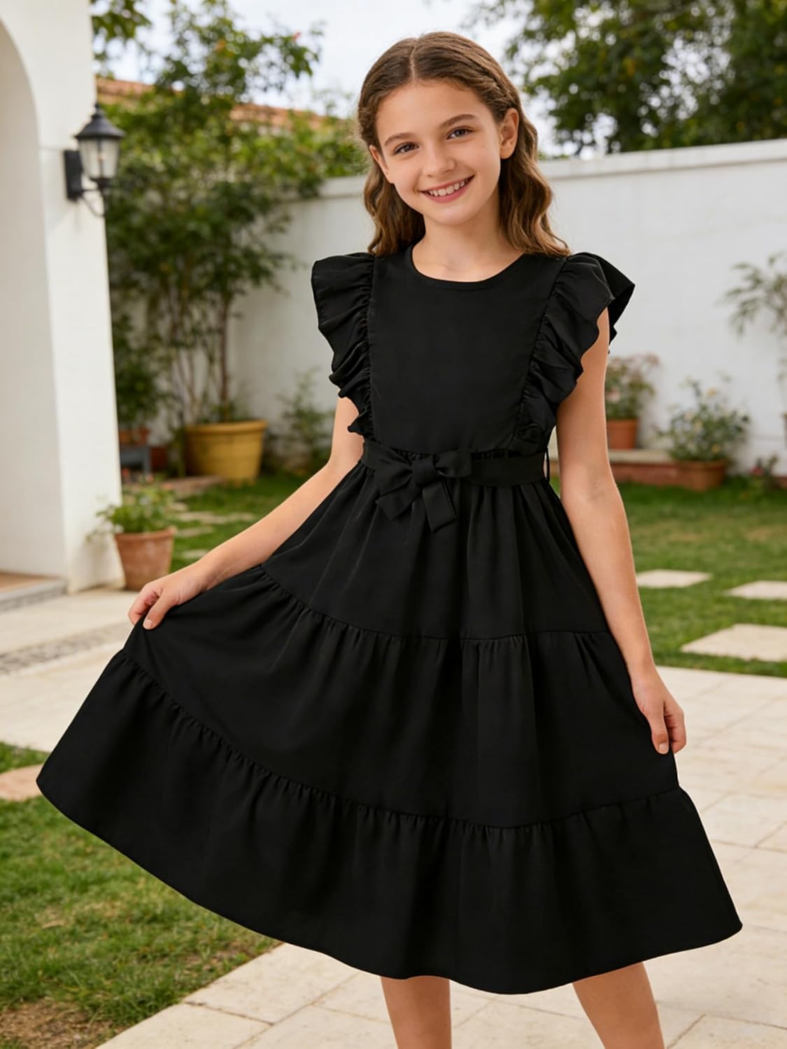 Girls Summer Dresses Ruffle Sleeve Dress A Line Swing Belted Casual Solid Color Party Dress 6-14 Years