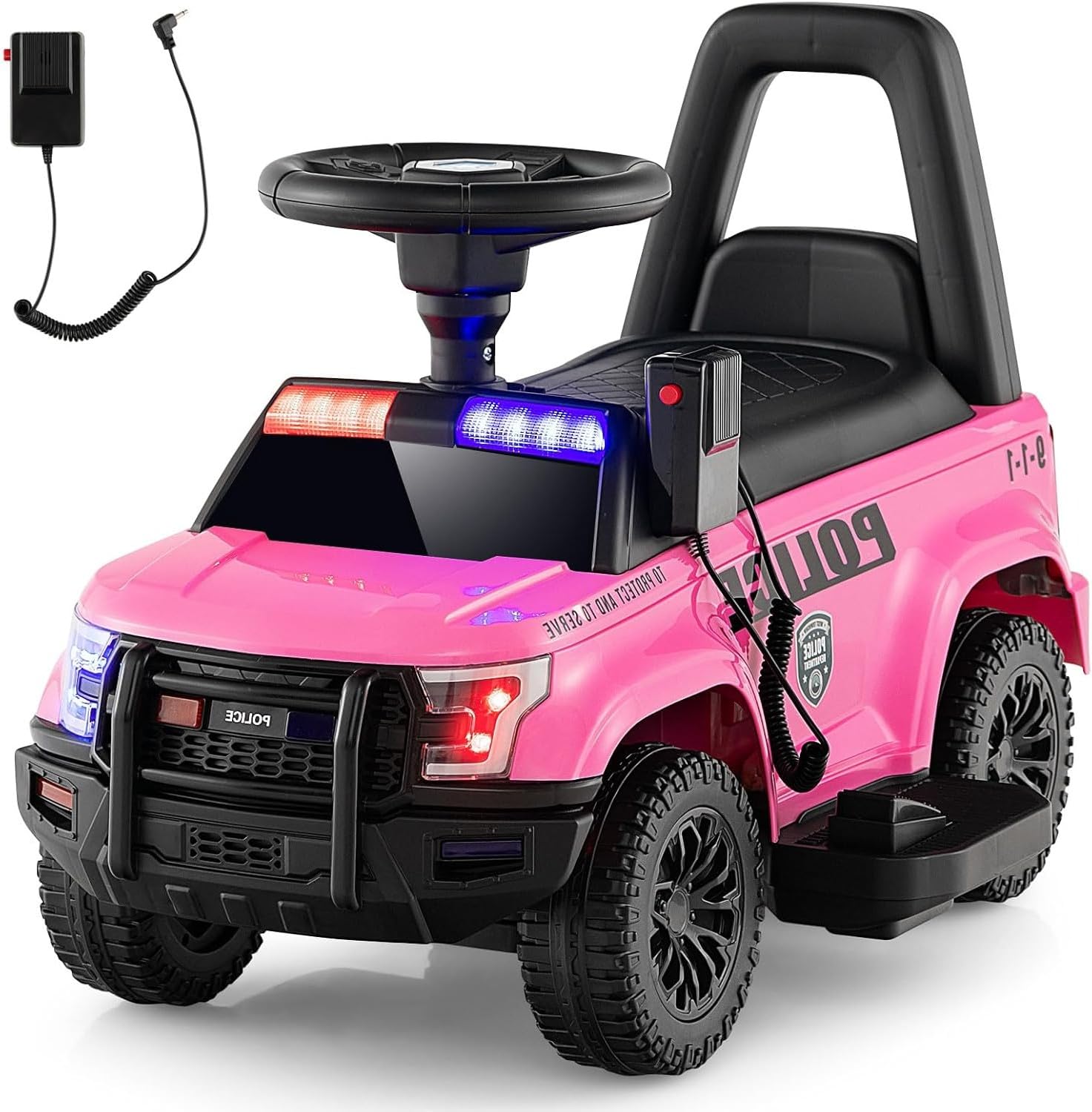 Police Car Ride On, 6V Toddler Battery Powered Electric Toy with Siren, Steering Wheel, Megaphone, Horn, Headlights, Under Seat Storage, Kids Racer Walking Gift for Boys Girls 1-3 (Pink)