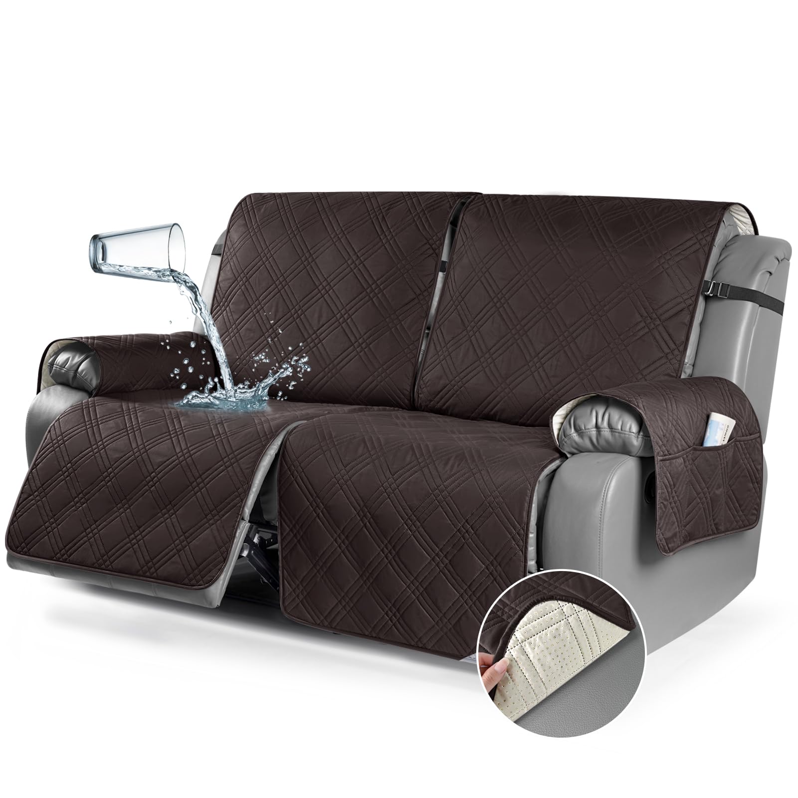 TAOCOCO 100% Waterproof Oversized Loveseat Recliner Cover, Non Slip Split Couch Covers for Reclining Loveseat with Elastic Straps for Kids Pets(Oversized 2 Seater, Coffee)