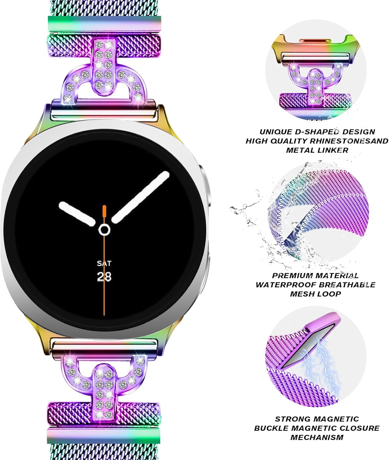 Metal Magnetic Bands Compatible with Samsung Galaxy Watch 8 40mm 44mm/Galaxy Watch 8 Classic 46mm, Mesh Stainless Steel Dressy Wristband with D-Shape Diamond Women - Image 3