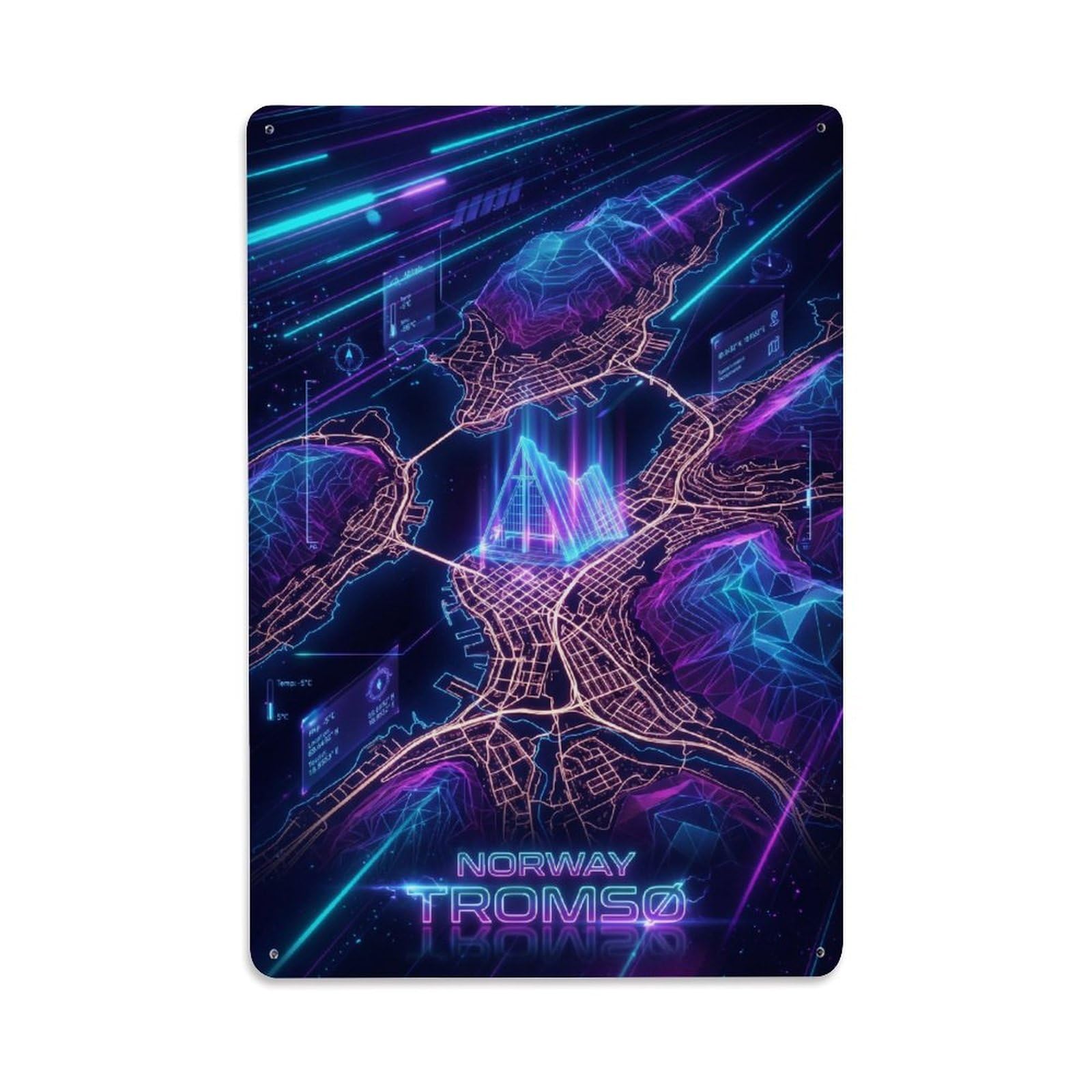 Tromso Norway Cyber Synthwave Arctic Map Neon Travel Guide Metal Tin Sign Plaque Wall Decor for Cafe, Man Cave, Club Bar, Office, Home Garden Round Metal Poster 8x12Inch