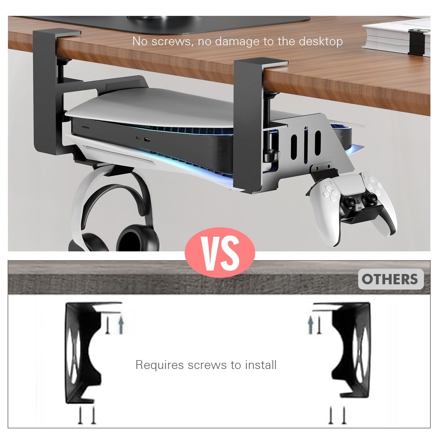 Supporto da tavolo compatibile con modelli PS5/Slim, senza viti, organizer salvaspazio per videogiochi, supporto per controller con supporto per cuffie