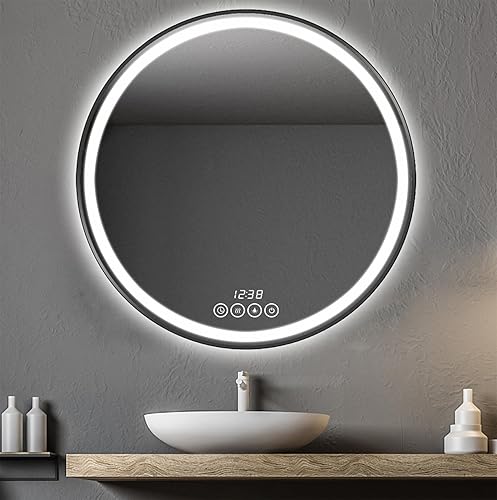 Espejo de baño LED de 24 pulgadas con luces, espejo redondo de tocador de baño, regulable, montado en la pared, espejos circulares antivaho para