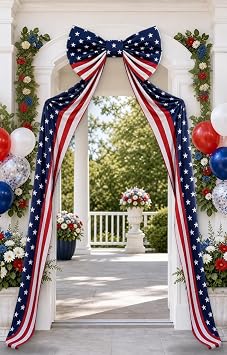 4th of July Patriotic Door Bow with Zip Ties, Red White Blue Stars and Stripes Front Door Porch Decor, 20 x 32 in