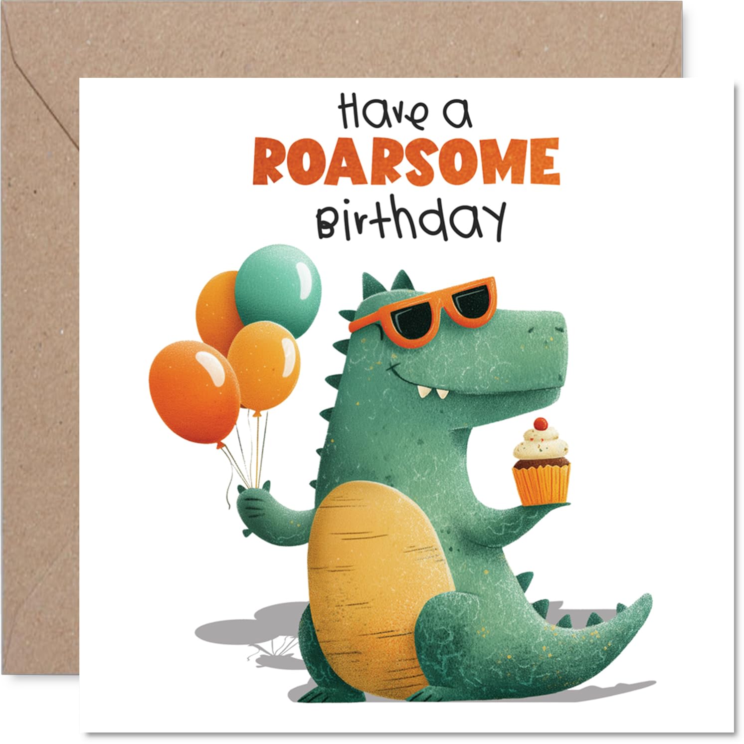 Playful Birthday Card - Bring on the Giggles - Dinosaur with Balloons and Cupcake Design - Bursting with Birthday Cheer - 145mm Square, Envelope Included