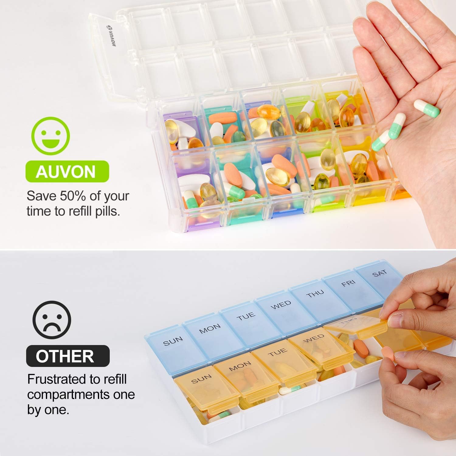 AUVON Quick-Refill Weekly Pill Organizer (Twice a Day), Refill 7 Day Pill Box Case Much Easier and Faster, AM PM Medicine Box for Fish Oil, Capsules, Vitamins-Transparent Version (Patent Registered)