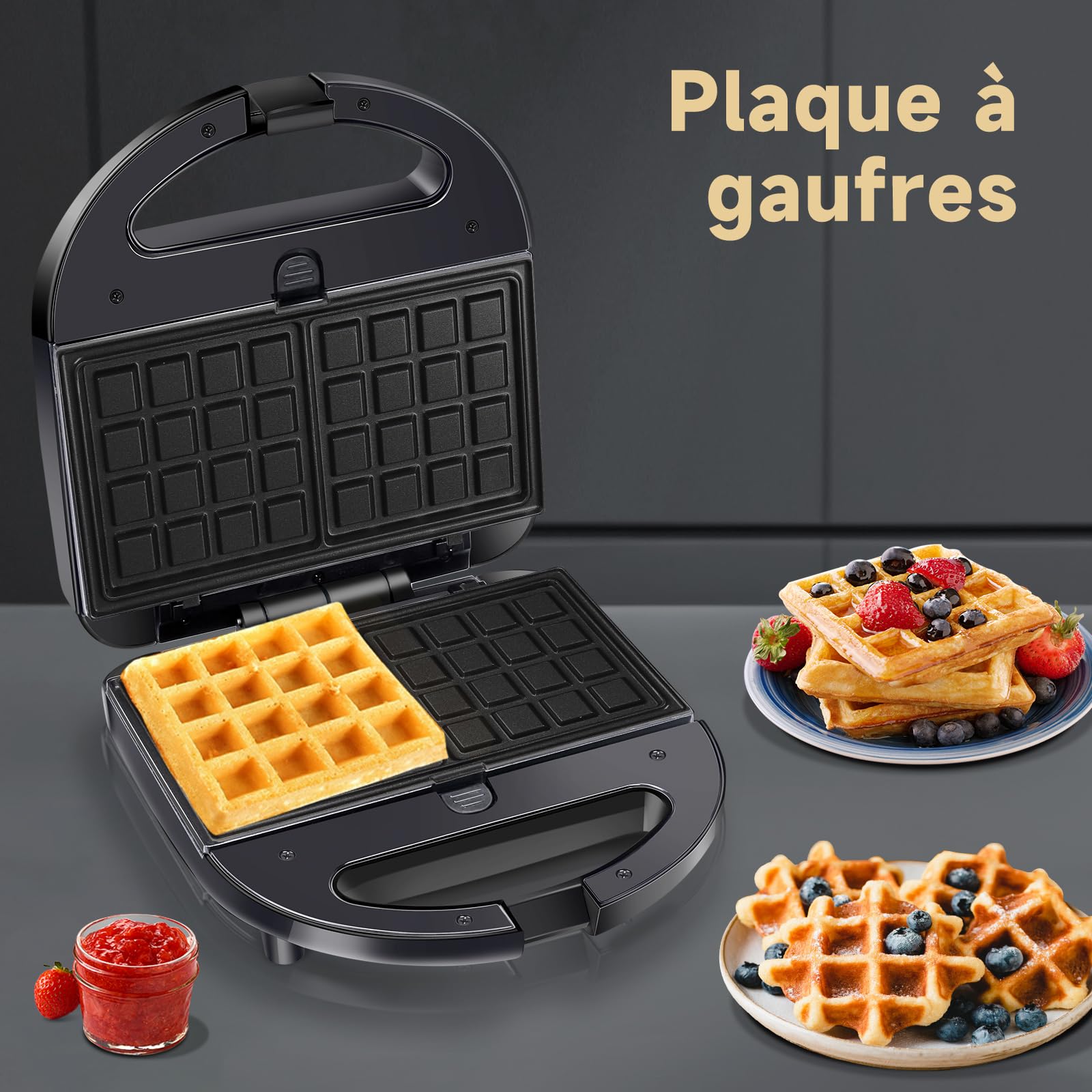 Aigostar gaufrier 3 en 1 : Presse à Paninis et appareil à sandwichs avec 3 Plaques Antiadhésives et Interchangeables, Thermostat Automatique, Grande puissance de 750W