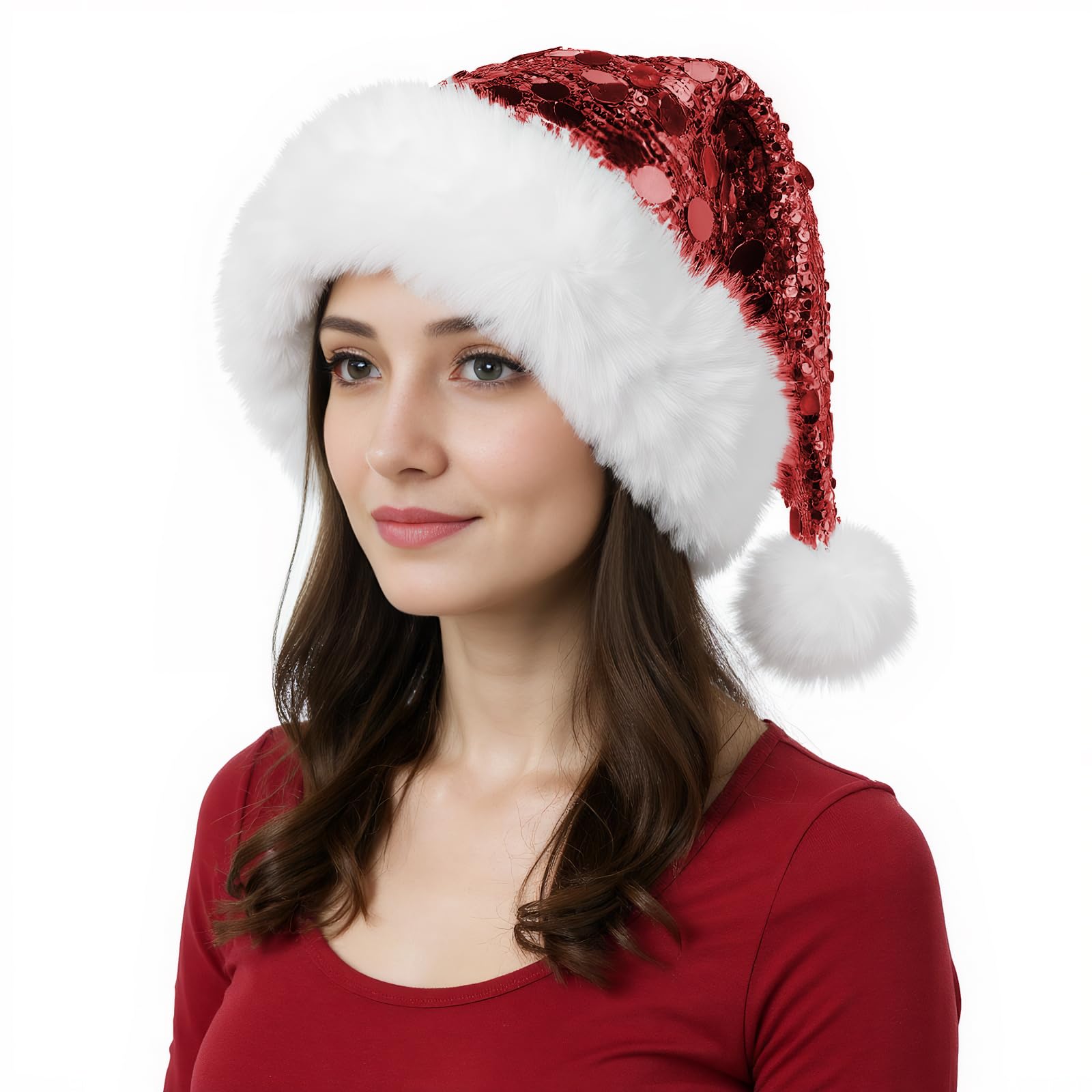 RUIXIA Adults Sparkly Sequins Santa Hat Plush Faux Fur Brim Glittery Party Hat for Xmas Festive Holiday Party Costume Supplies