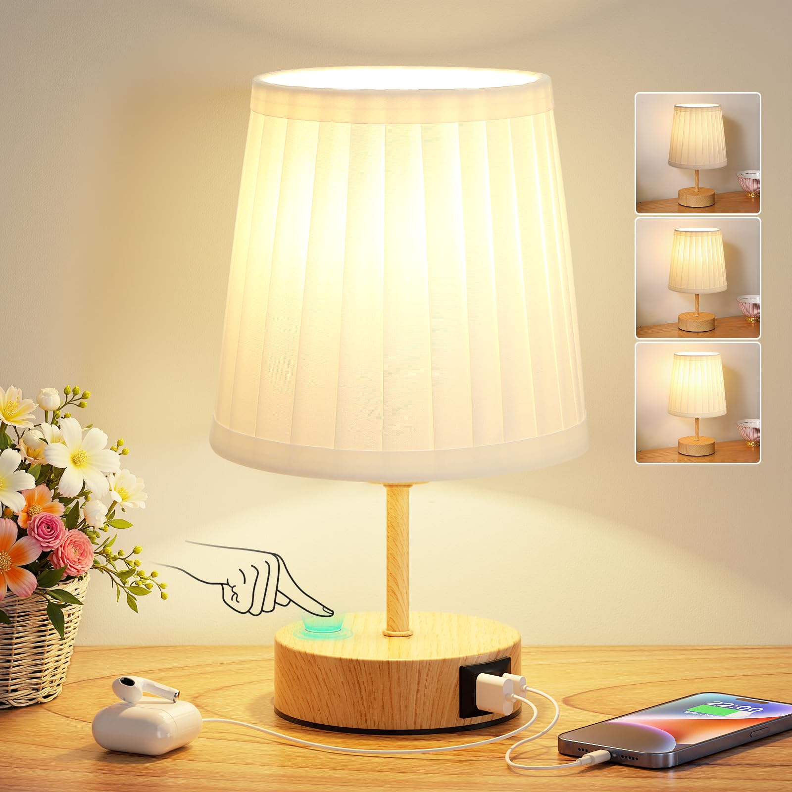 Aooshine Bedside Lamps, Table Lamp for Living Room Bedroom, Touch Lamps Bedside with USB A+C Charging Ports, Dimmable Small Lamp with Fabric Shade for Kids Room, Study, Dorm, Office(Bulb Included) — view 10