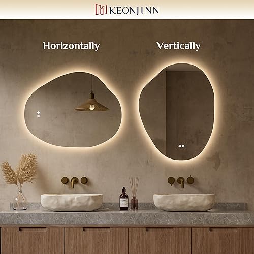 Miniatura 8 de Keonjinn Espejo retroiluminado irregular de 24 x 30 pulgadas, espejo de baño LED asimétrico con vidrio templado HD, controlador LED con