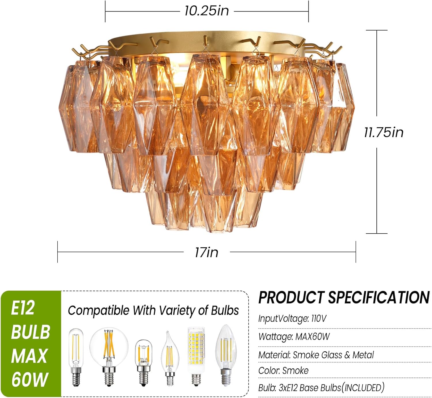 Amber Ceiling Light, 17" Modern Crystal Glass Chandelier for Bedroom, 3-Light Round Flush Mount Ceiling Ligh for Living Room, Bathroom, Hallway, Entryway – Elegant Warm Lighting