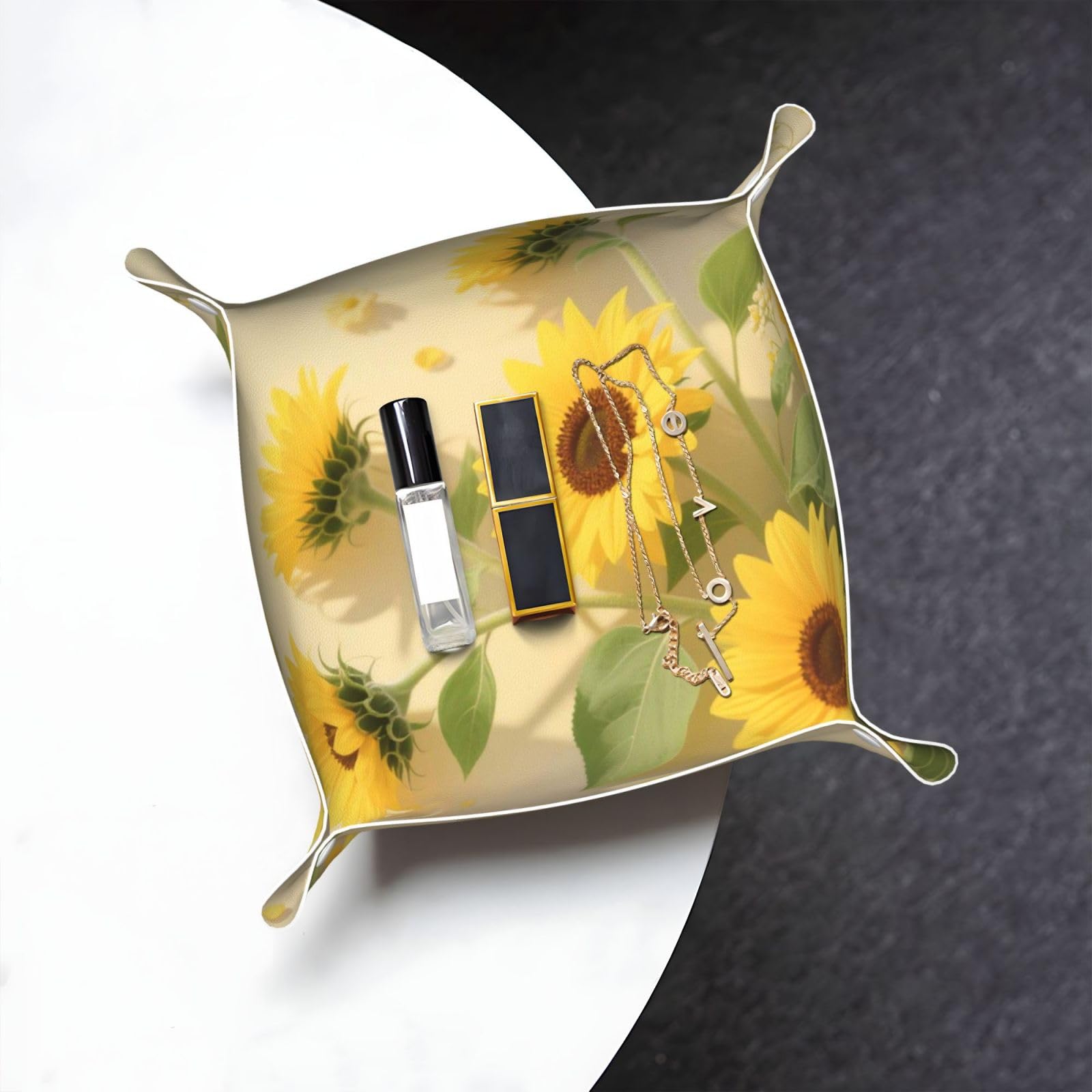 Sunflower Leaf Valet Tray Organizer Pu Leather Travel Catchall Tray Organizer Portable Jewelry Tray Storage Keys Tray for Entryway Table Coins Watches Candy