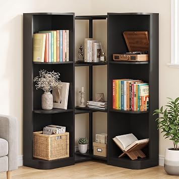 Reversible Corner Bookshelf, 3-Tier Bookcase with Side Panels for Kids Room | 46"H Modern Bookshelf, Anti-Tip Design, 360 Reversible Layout for Small Spaces, Nursery, Bedroom & Living Room, Black