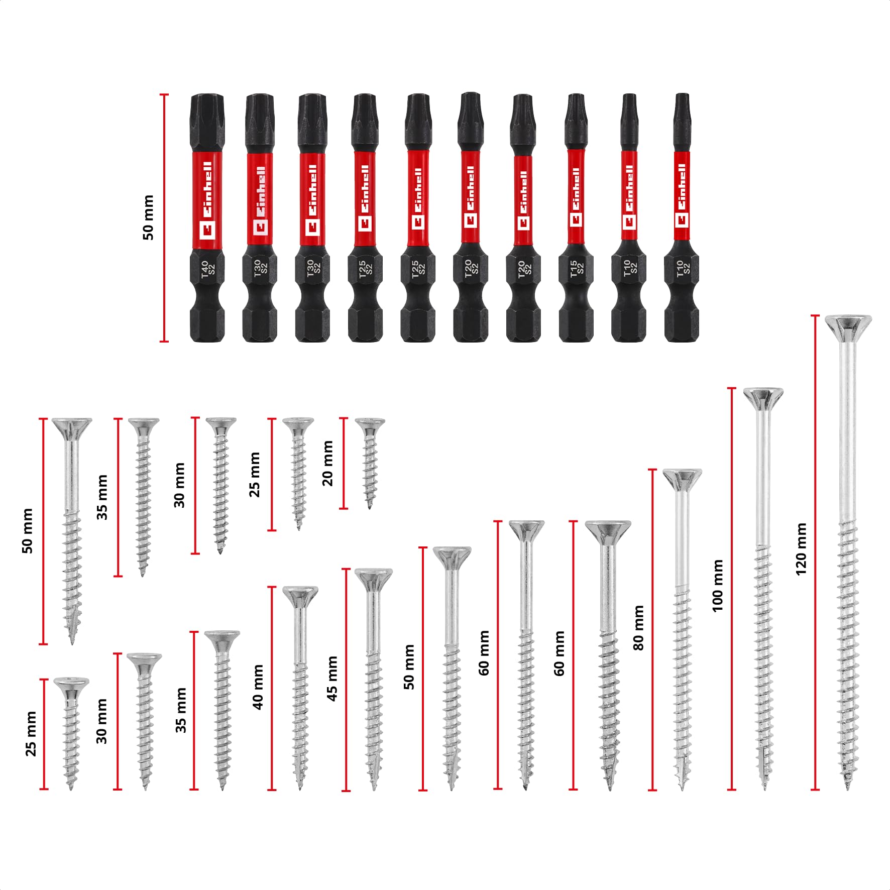 Einhell E-Case 2445 pezzi set di viti | Viti universali | T10-T30 | testa svasata | lunghezza 20-120 mm | valigetta di sistema | incl. set di 10 inserti a impatto