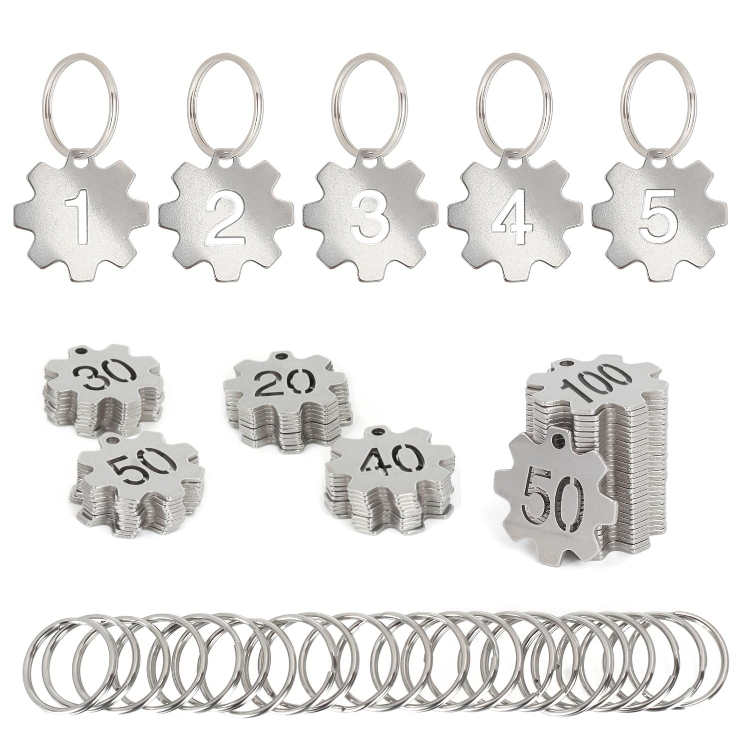 NanTun Gear Shape Numbered Key Tags, 304 Stainless Steel Number Labels with Rings, Metal Keychain Tags for Organization - 1 to 50
