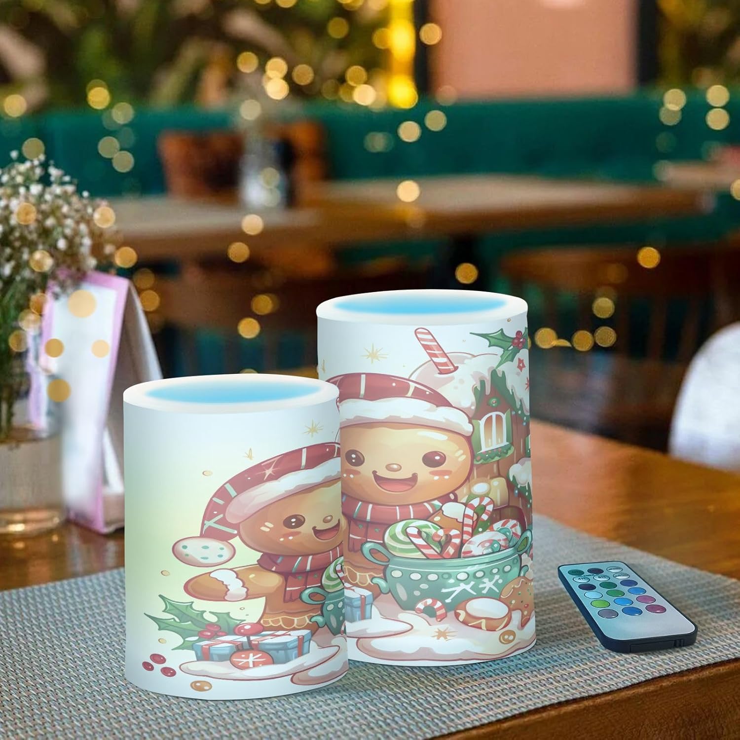 ALAZA Christmas Gingerbread Cookie House Flickering Flameless Candles Battery Operated with Remote Timer,Tea Light Candles LED Pillar Votive Candles Set of 2 for Outdoor Indoor Decorations