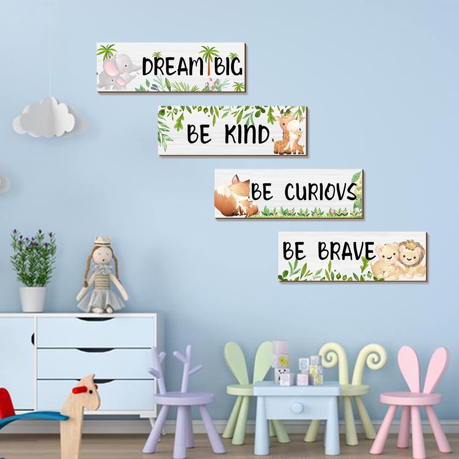 4 Pieces Woodland Animal Wall Art - Boys & Girls Room Wall Decor, Motivational Quote Wood Signs for Kids & Toddler Room"(Animal)
