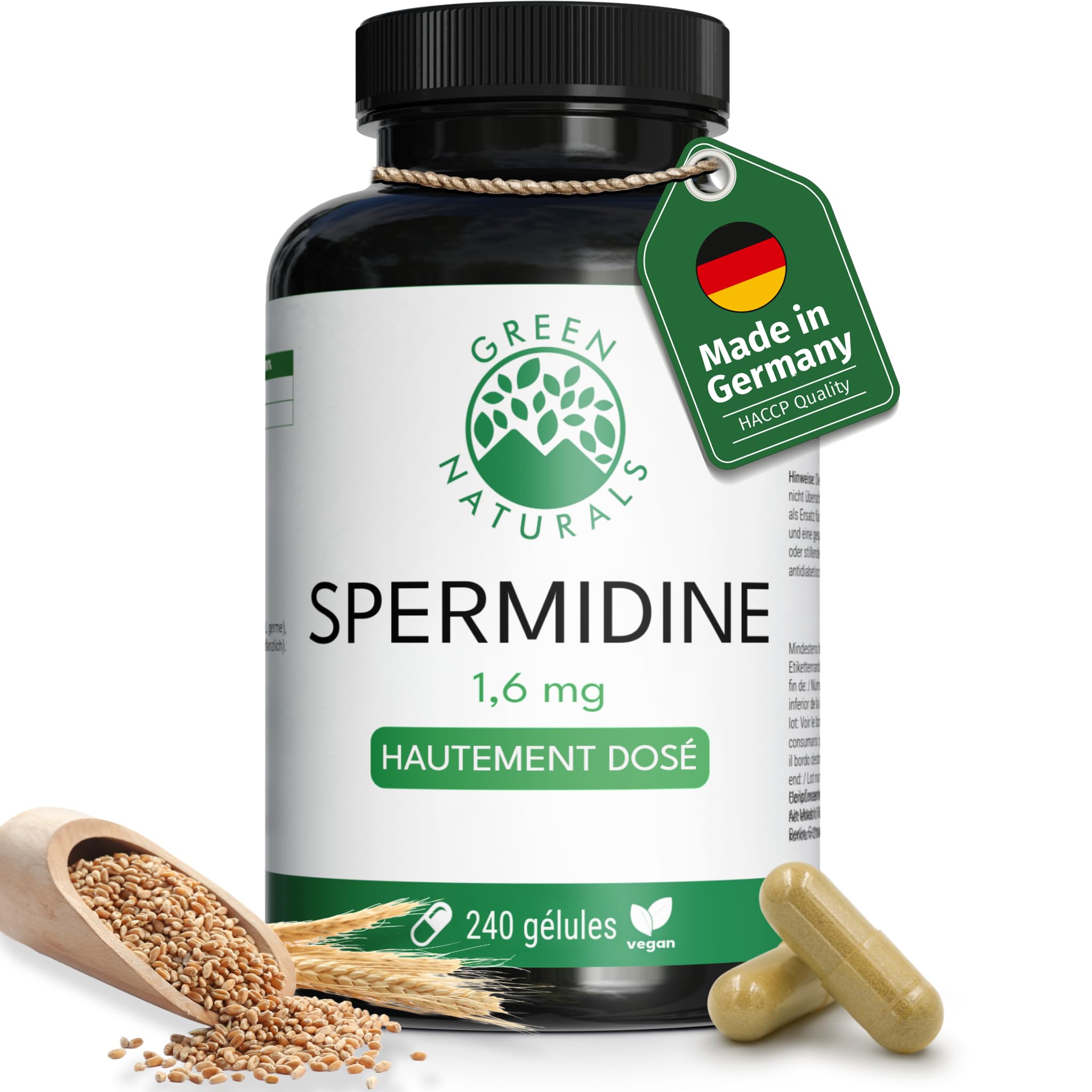Green Naturals® Spermidine Gélules – 1,6 mg par dose journalière à partir d’extrait de germe de blé – 240 gélules pour 2 mois – Complément alimentaire – Fabriqué en Allemagne