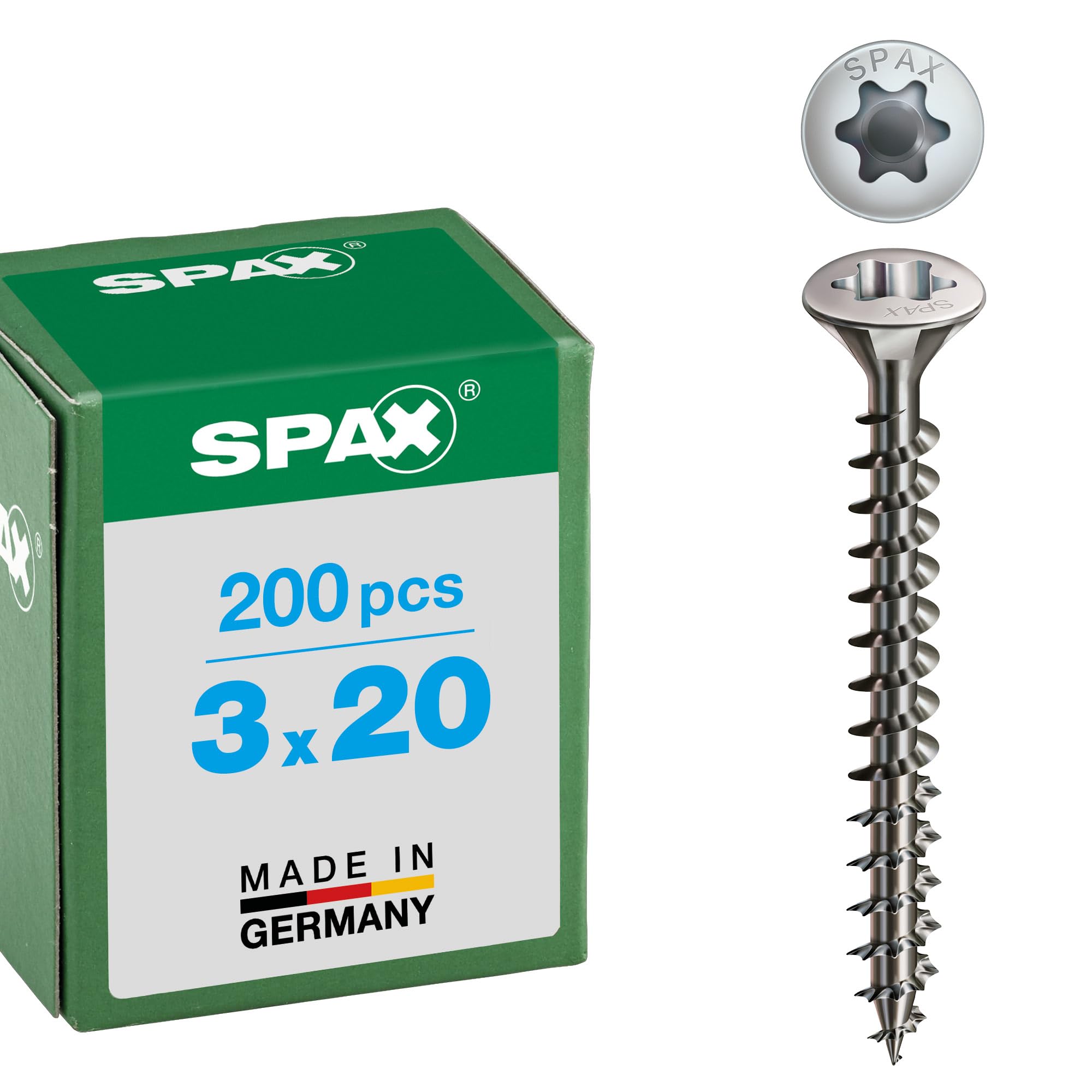 SPAX - Śruba uniwersalna, 3,0 x 20 mm, 200 sztuk, łeb stożkowy soczewki, T-STAR plus, pełny gwint, stal nierdzewna A2, 1.4567-0627000300203