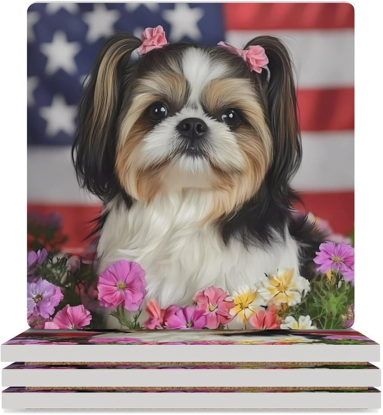 Shih Tzu Dog and Flowers Coasters for Drinks Square Ceramic Coasters Cup Mats with Cork Base