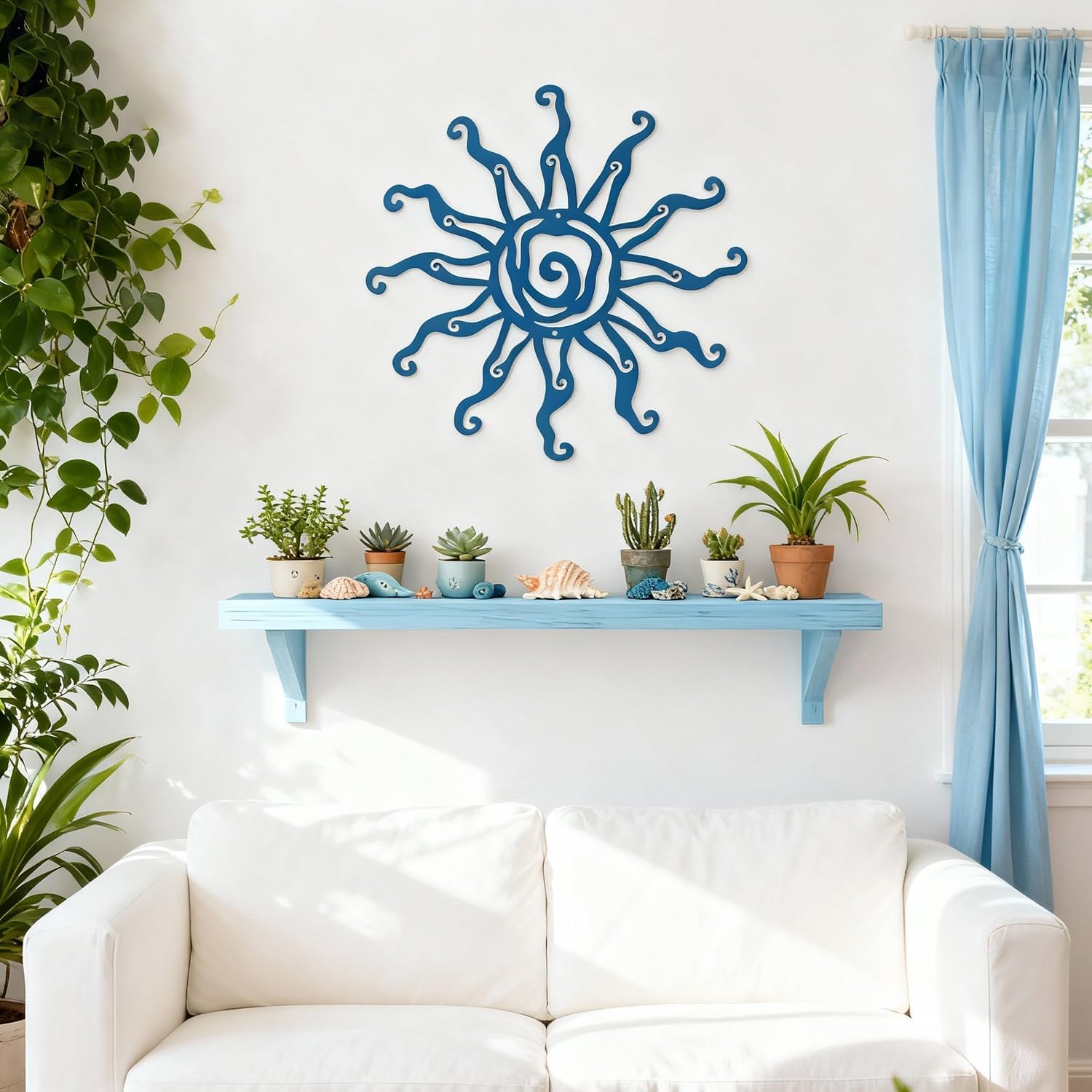Sokurdeg Blue Sun Metal Wall Decor - 22" Large Bathroom Aesthetic Home Wall Art for Bedroom, Living Room, Corridor and Office