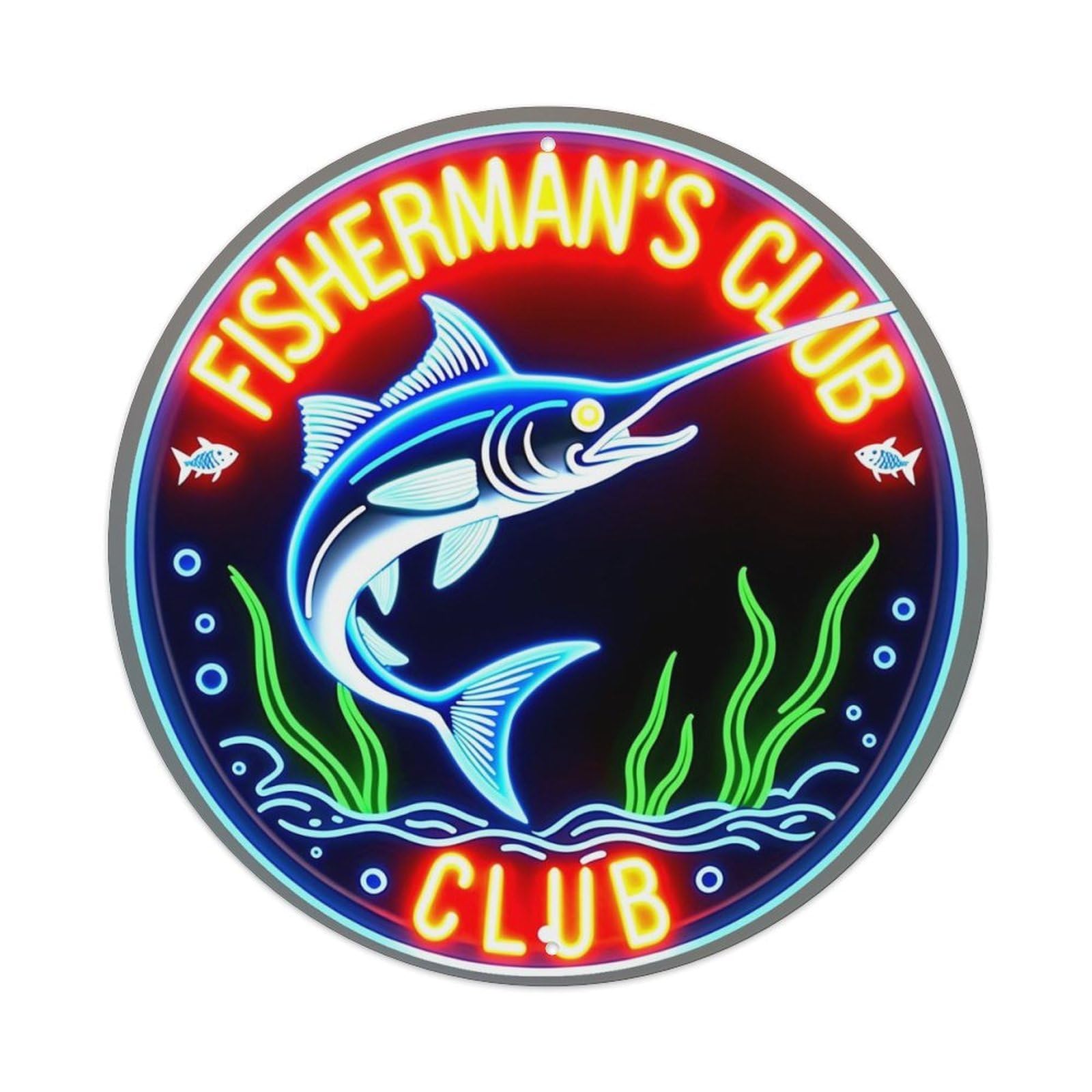 Fisherman's Club Neon Sign Pattern Round Metal Tin Sign Vintage Wall Decor, Bar Garage Cafe Kitchen Home Wall Art Poster 8x8inches