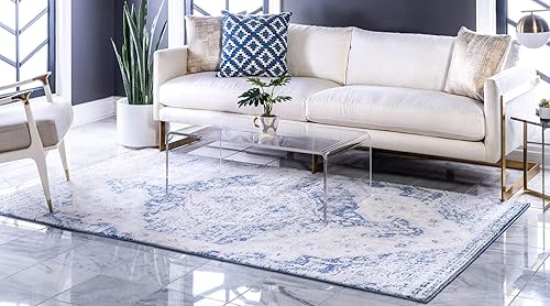 Miniatura 2 de Unique Loom Asheville Collection - Alfombra vintage tradicional, medallón, granja, envejecida, 9 pies 0 pulgadas x 12 pies 0 pulgadas, azulazul claro