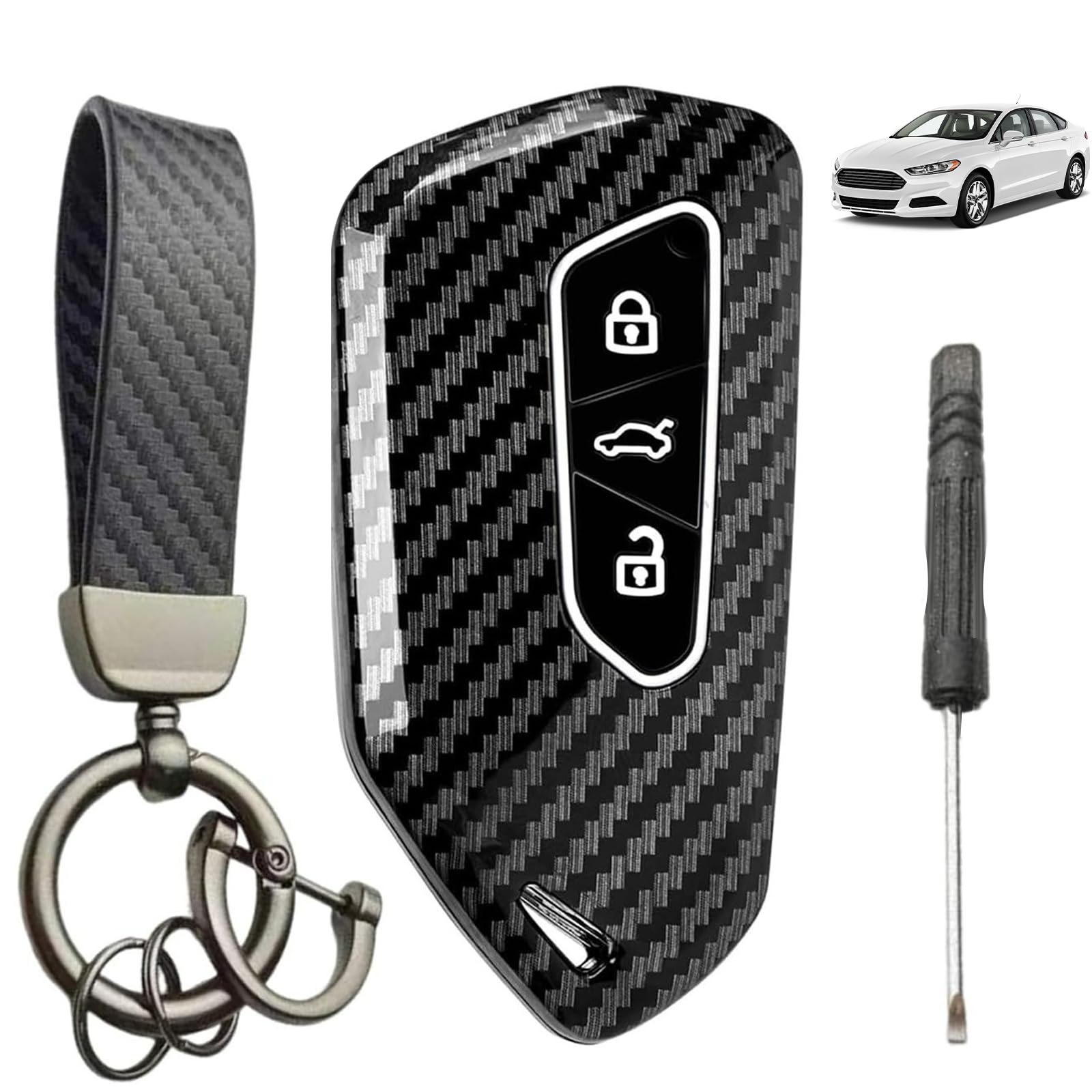 Schlüsselcover für VW Golf 8, Cupra Formentor/Terramar, Skoda Octavia | TPU Schlüsselcover| 3-Tasten| Carbon Design| Barrierefreie Signalübertragung| 360° Schutz| inkl Schlüsselanhänger