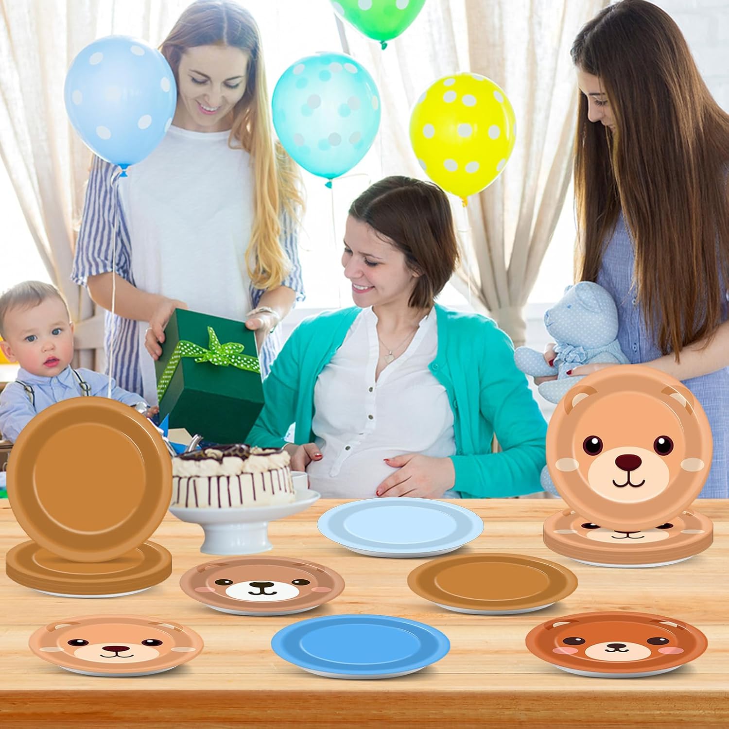 60PCS Blue Bear Birthday Party Plates Dusty Blue and Brown Disposable Paper Dessert Plates for Bears Themed Birthday Decorations Party Tableware Set for Gender Reveal Baby Shower Parties Supplies