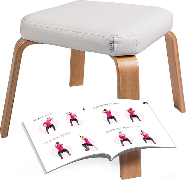 Karmic Wood Foot Stool Ottoman Pouffes Footstool for Living Room Comfortable Padded Legrest Elderly Non Slip Stable Square Foot Rest Faux Leather (White Top with Natur Frame Colour)