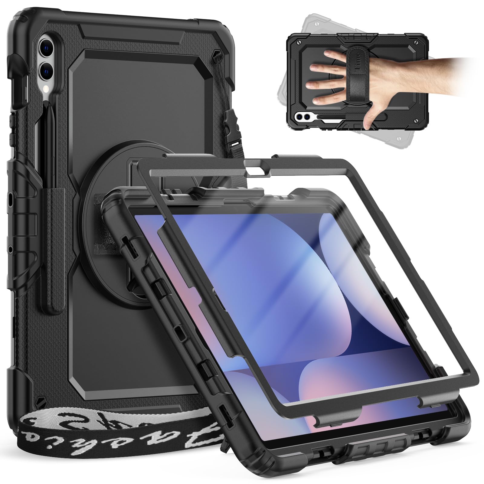 Timecity Hülle für Samsung Galaxy Tab S10+ Plus / S9 FE+ Plus / S9+ Plus | 12,4 Zoll, 2024/2023, mit Stoßfeste Displayschutz, 360° Drehbarem Ständer, Handschlaufe, Schultergurt, Stifthalter, Schwarz