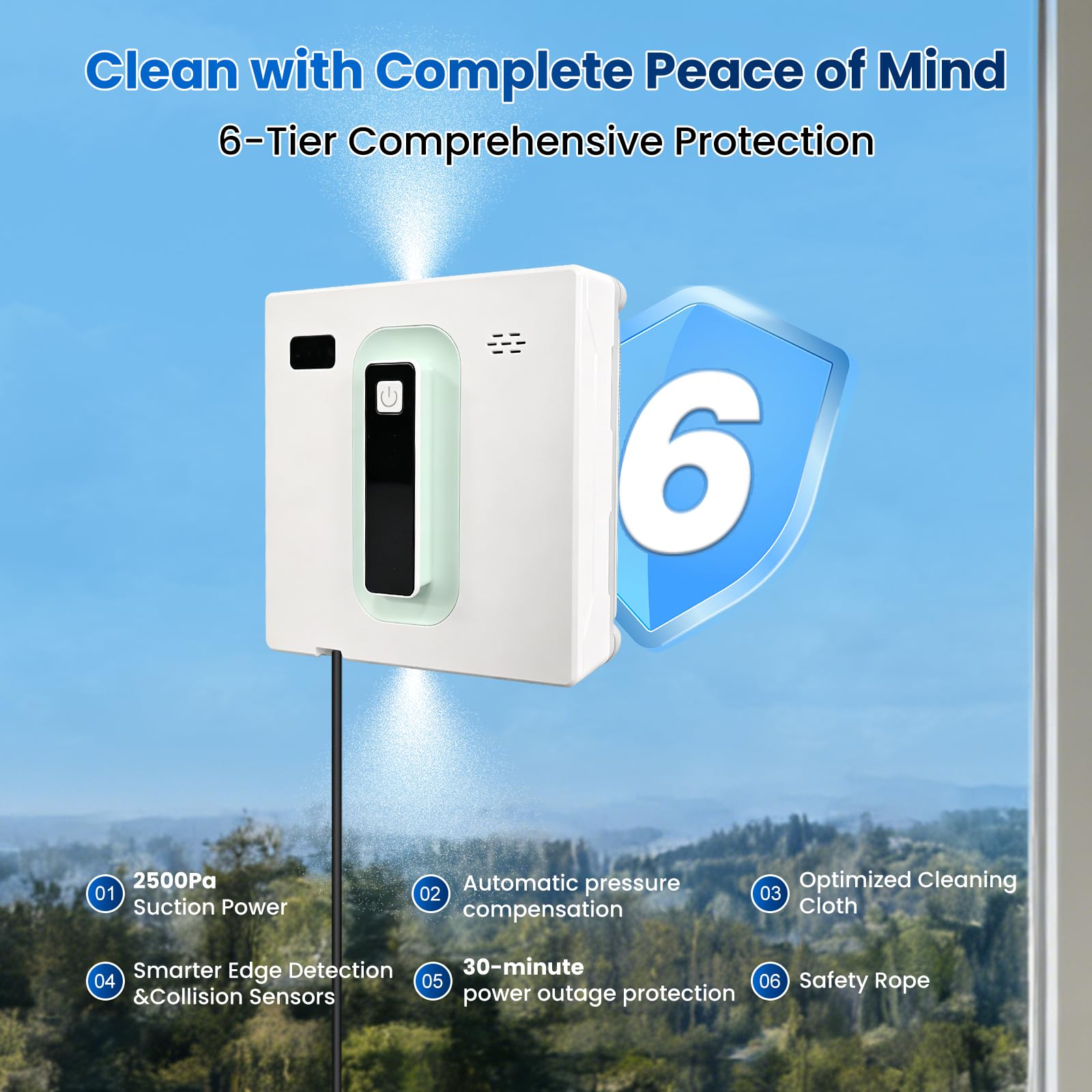 Robot de limpieza de ventanas, robot limpiador de ventanas cuadrado con motor sin escobillas, chorro de agua dual ultrafino, limpiador inteligente con batería UPS de 650 mAh, aplicación