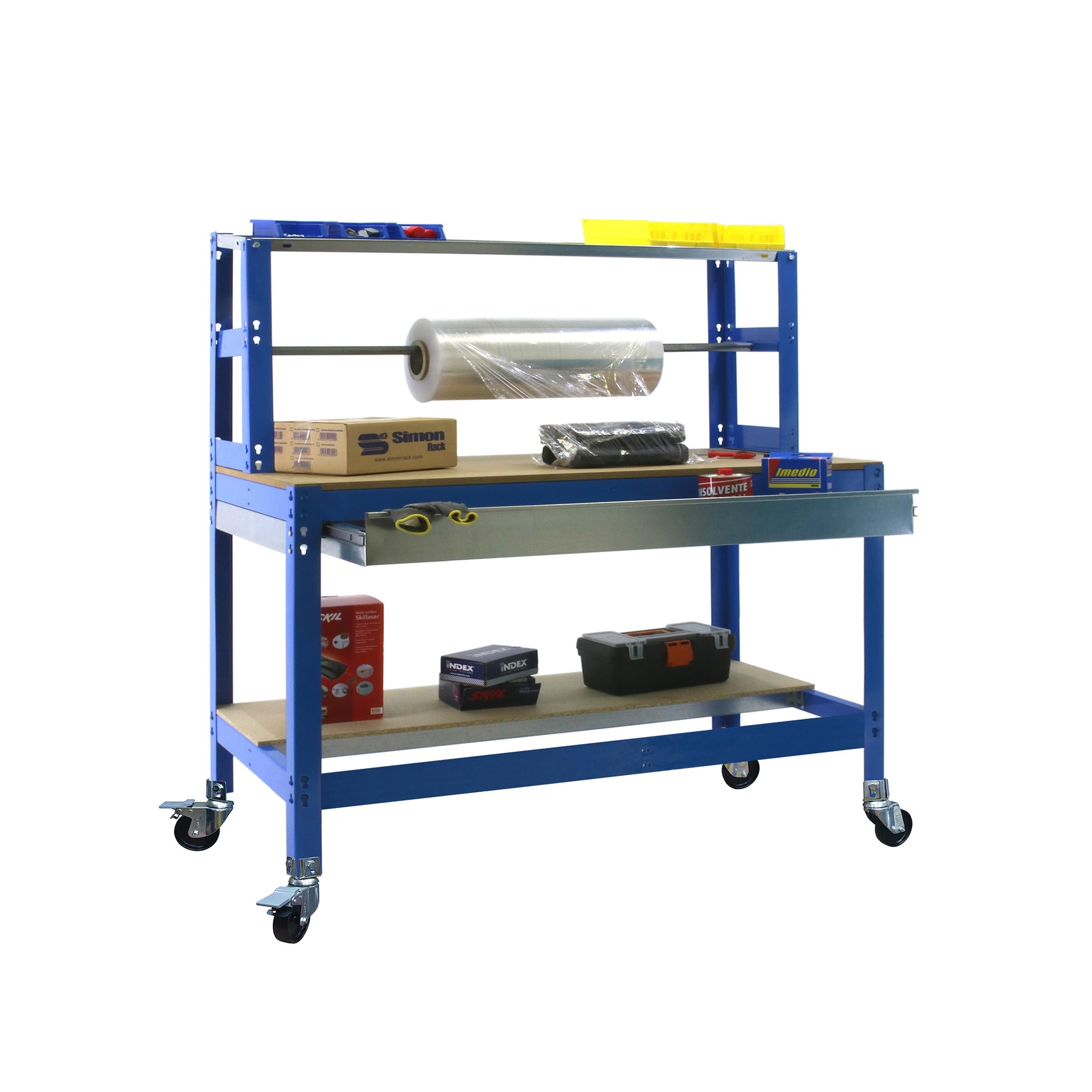 Simon Rack Banco de Trabajo Taller con Ruedas 910x760 mm - BT4 | Porta Rollo y Cajón, Tablero madera 16 mm, Capacidad Carga 120 kg, Azul , Pintura anticorrosión, Montaje sistema clic
