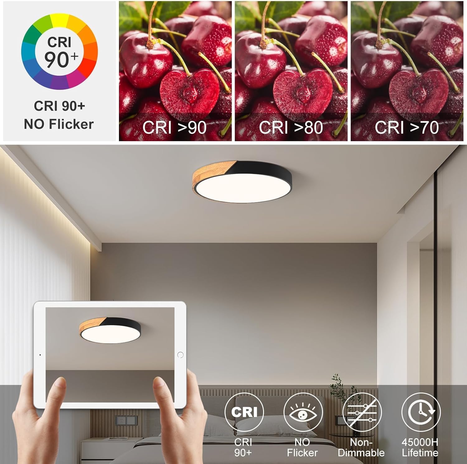 Vikaey Modern LED Ceiling Light, Minimalist Wood Flush Mount Ceiling Light Fixture, 4000K Not Dimmable, Circle Lighting Lamp with Acrylic Lampshade for Bedroom Dining Room Laundry (Black,15.8")