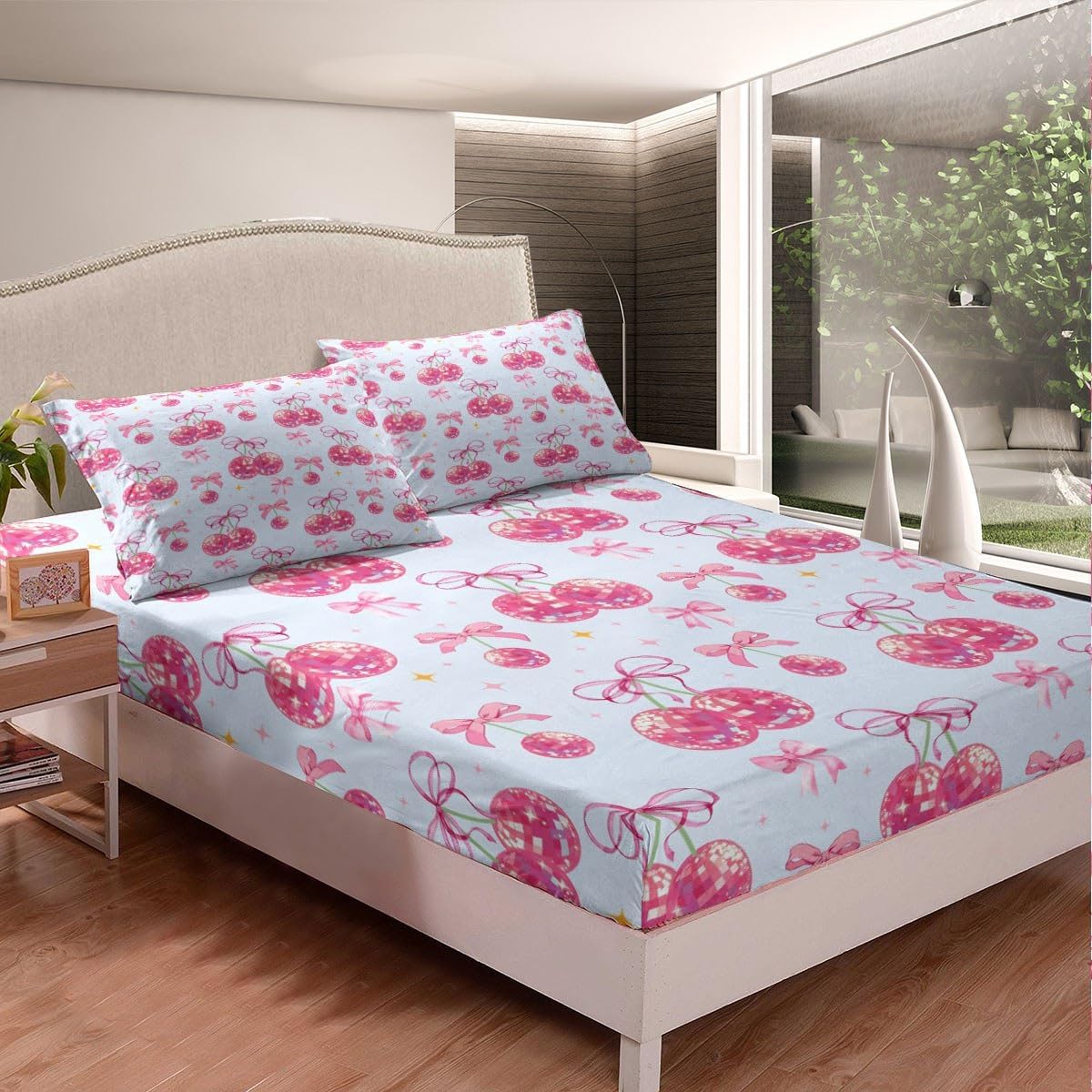 Feelyou Disco Mirror Ball Bedding Set Blue Pink Bow Bed Sheets for Kids Boys Girls Funky Cute Theme Fitted Sheet Western Cowgirl Sheets Set Room 2Pcs Twin Size,No Flat Sheet