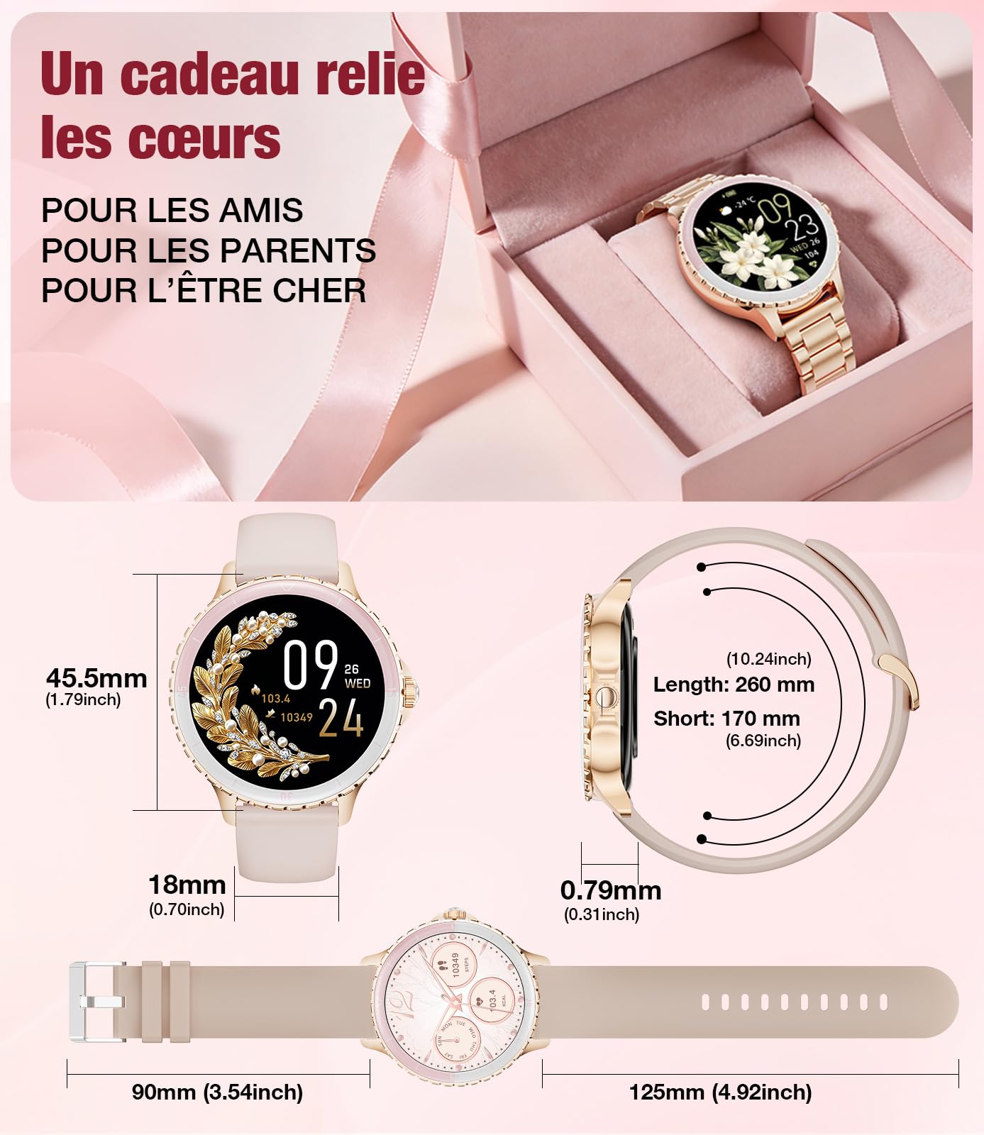 Montre Connectée Femme Ronde, 1,27" Smartwatch Femme avec Appel Bluetooth, Montre Intelligente Santé Féminine Fréquence Cardiaque SpO2 Sommeil Montre Fitness Podomètre, Or Rose