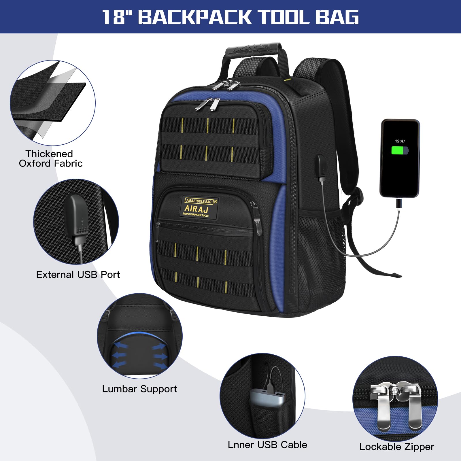 Sac a Outils à Roulettes 21 Pouces+Sac à Dos à outil 18 pouces AIRAJ,Poignée Télescopique Réglable,Sac Outils Imperméable,Sac à Dos à Outils Robuste,1680D Tissu Oxford,Port de Recharge USB,55 Poches