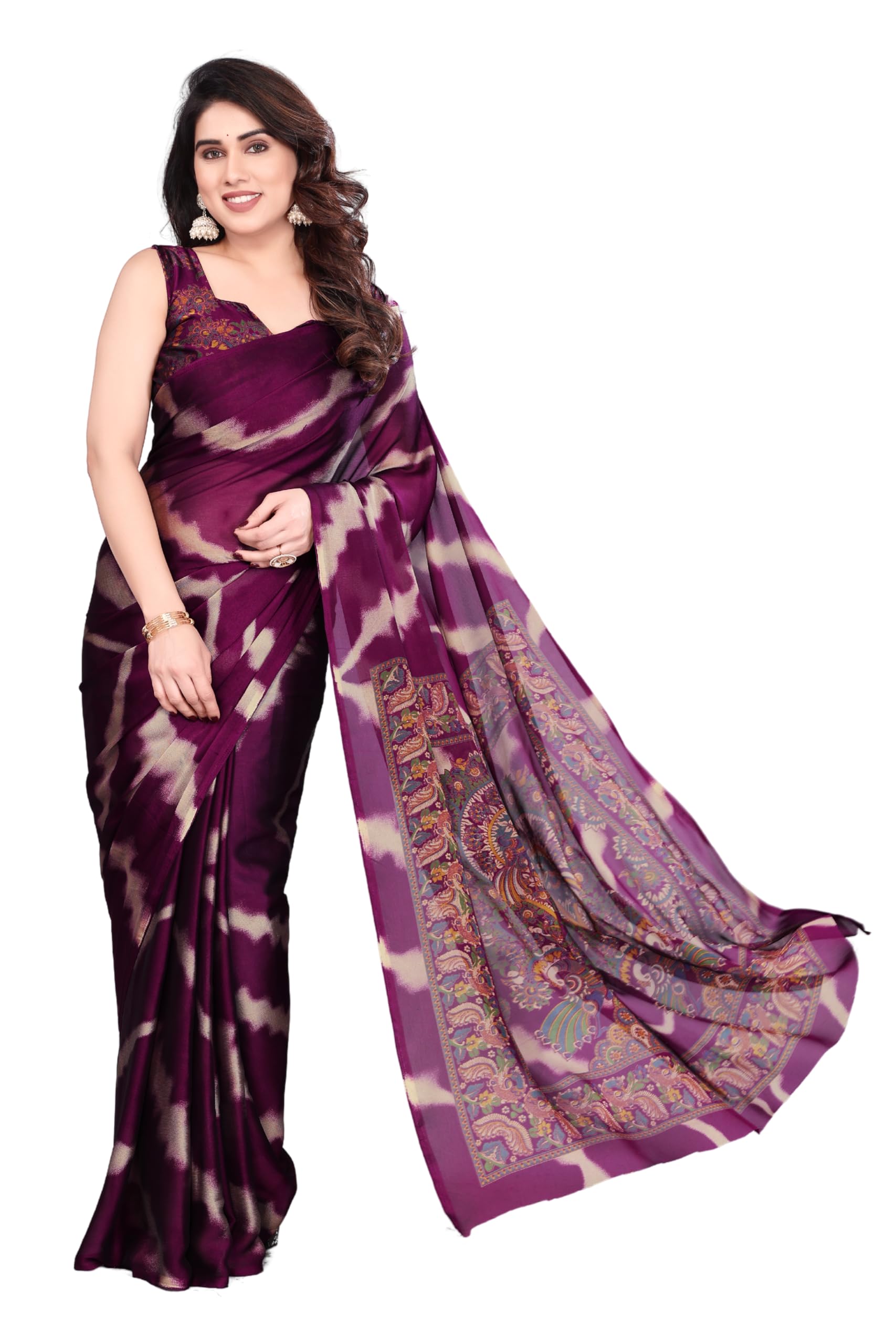 YATAY Women's Chiffon Georgette Floral Printed Saree with Blouse Purple-picture-32